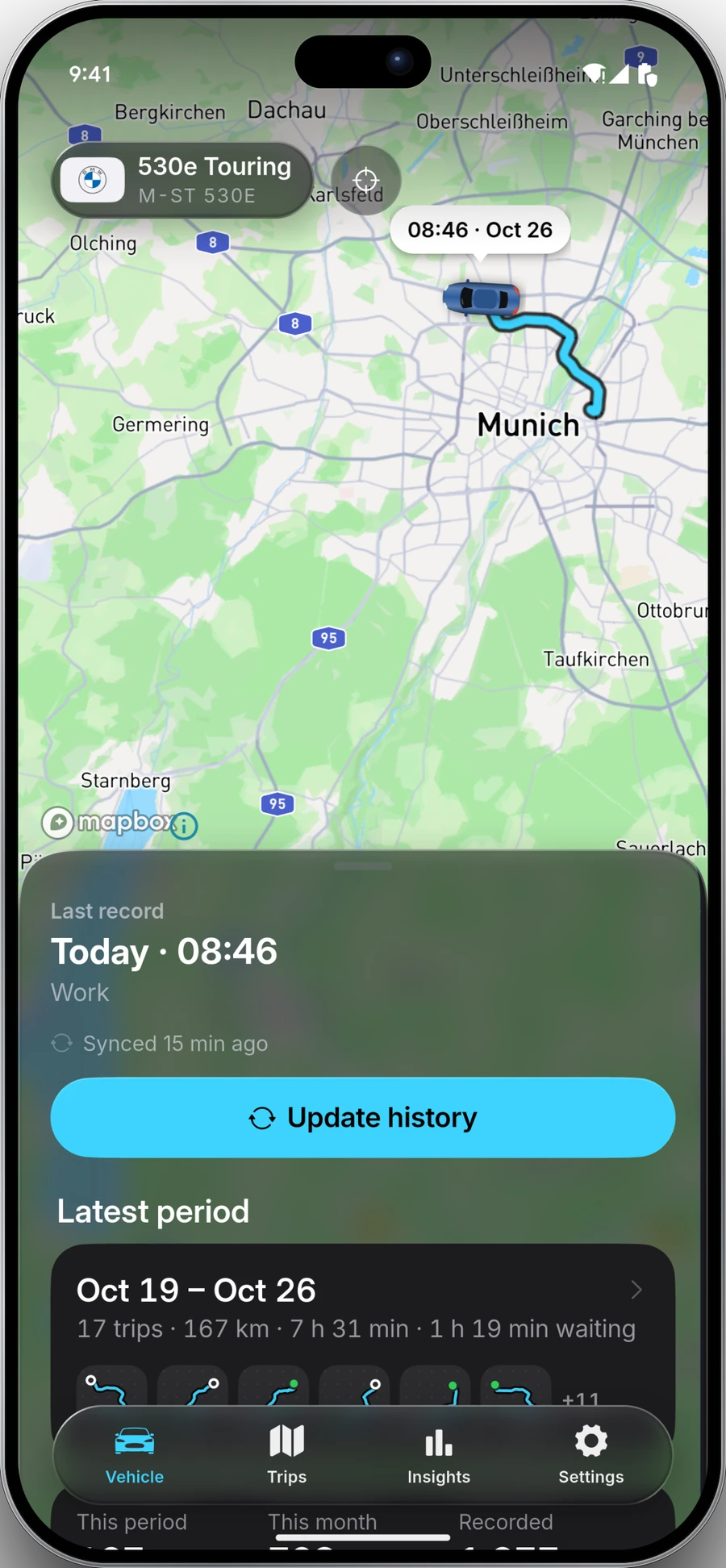 STrack app showing the vehicle's last recorded position, a trip replay and monthly insights